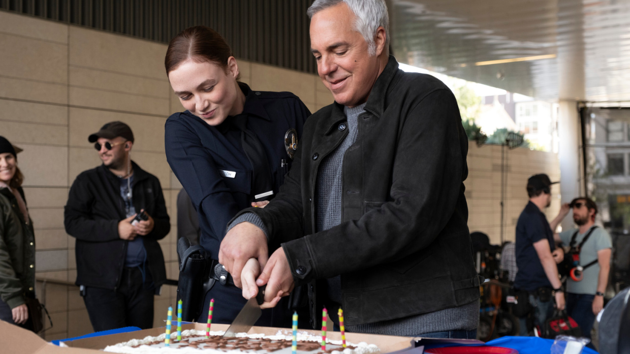 (L to R) Madison Lintz (Maddie Bosch) and Titus Welliver (Harry Bosch) on set of 'Bosch: Legacy' season 3. Photo Credit: Eddy Chen/Prime. Copyright: © Amazon Content Services LLC.