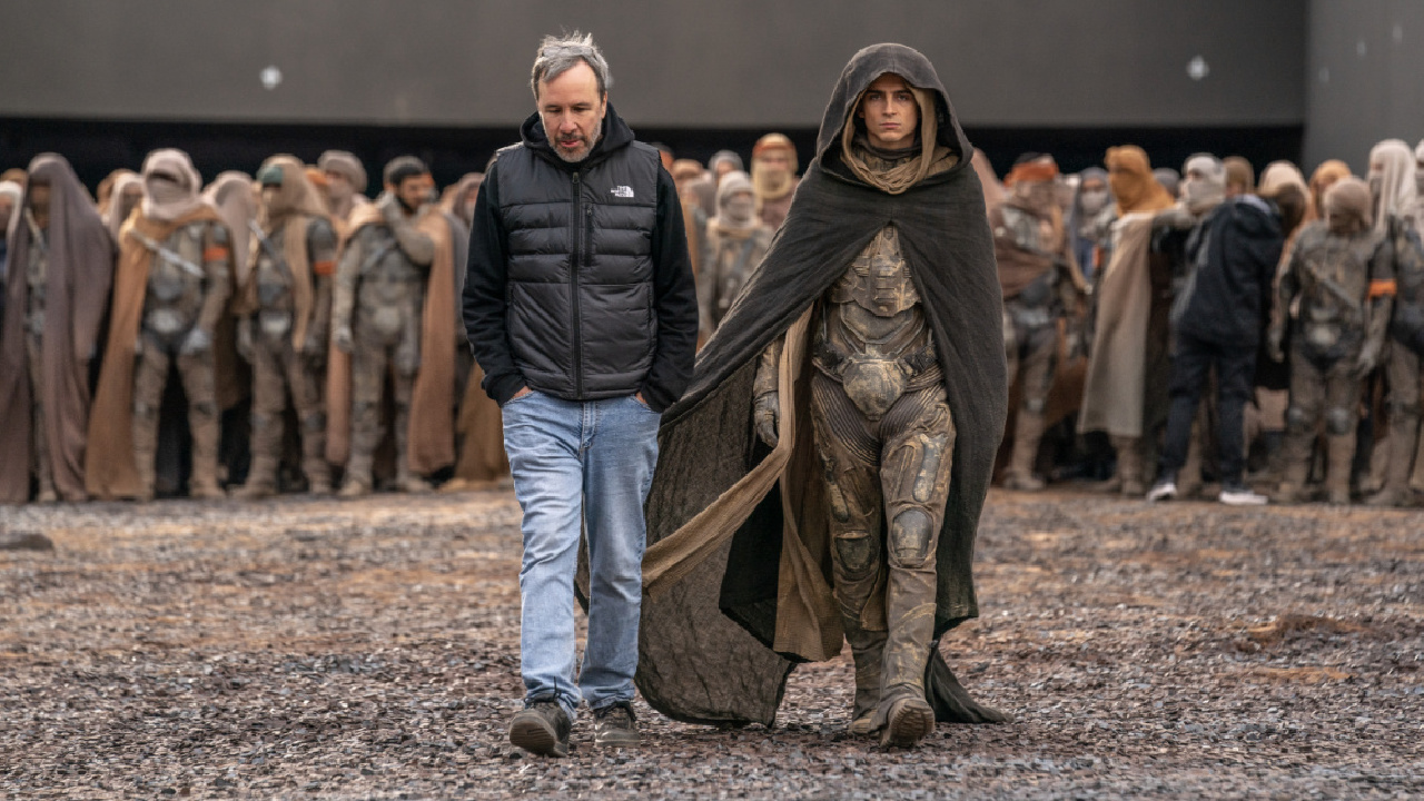 (L to R) Director / Writer / Producer Denis Villeneuve and Timothee Chalamet on the set of Warner Bros. Pictures and Legendary Pictures’ action adventure 'Dune: Part Two,' a Warner Bros. Pictures release. Photo Credit: Niko Tavernise. Copyright: © 2024 Warner Bros. Entertainment Inc. All Rights Reserved.