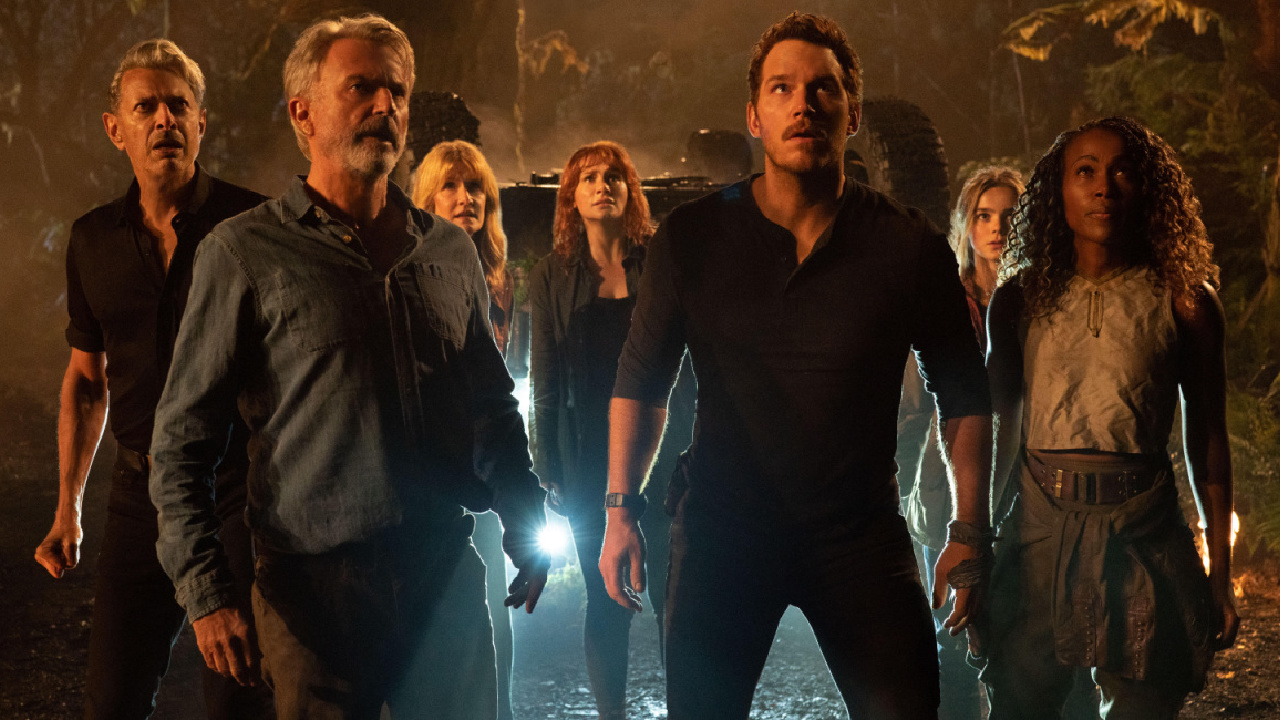 (L to R) Dr. Ian Malcolm (Jeff Goldblum), Dr. Alan Grant (Sam Neill), Dr. Ellie Sattler (Laura Dern), Claire Dearing (Bryce Dallas Howard), Owen Grady (Chris Pratt), Maisie Lockwood (Isabella Sermon) and Kayla Watts (DeWanda Wise) in 'Jurassic World Dominion,' co-written and directed by Colin Trevorrow.