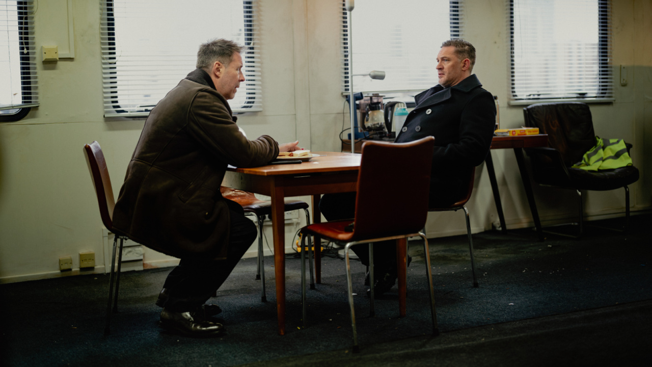 (L to R) Paddy Considine as Kevin Harrigan and Tom Hardy as Harry Da Souza in 'MobLand'. Streaming on Paramount+ 2025. Photo: Luke Varley/Paramount+.