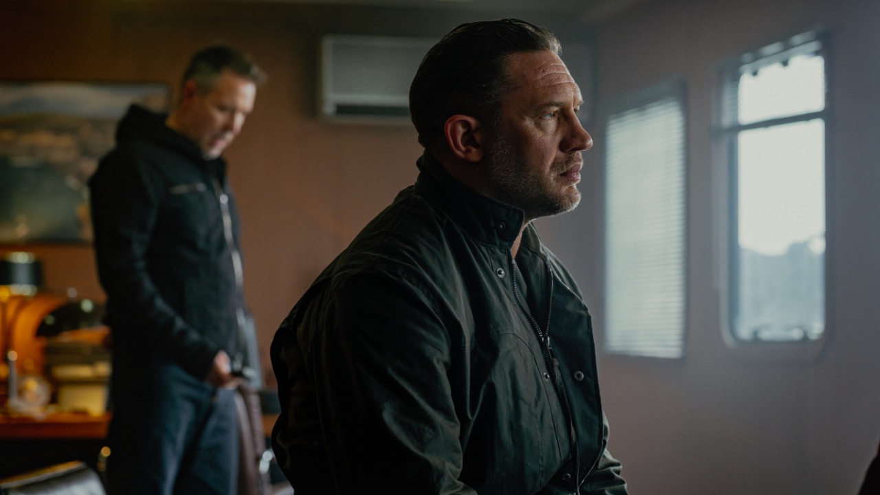 (L to R) Paddy Considine as Kevin Harrigan and Tom Hardy as Harry Da Souza in 'MobLand'. Streaming on Paramount+ 2025. Photo: Luke Varley/Paramount+.
