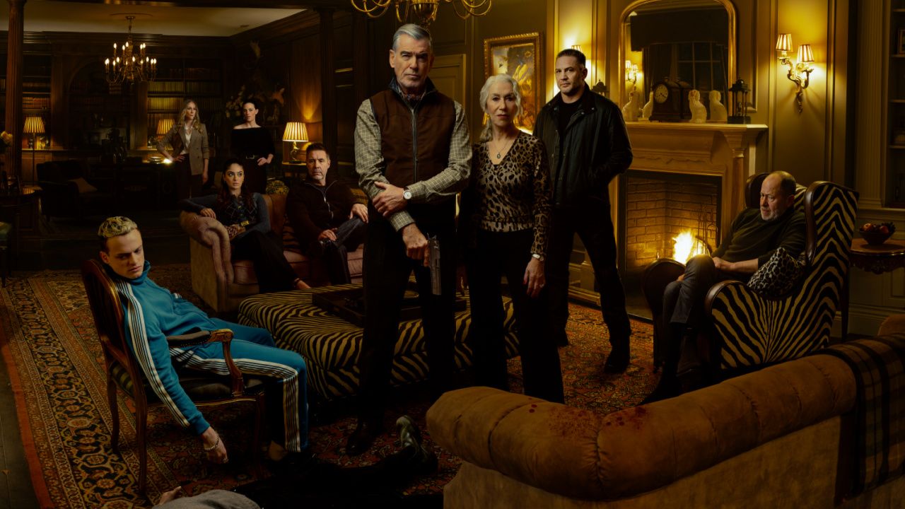 (L to R) Anson Boon as Eddie Harrigan, Joanne Froggatt as Jan Da Souza, Mandeep Dhillon as Seraphina Harrigan, Lara Pulver as Bella Harrigan, Paddy Considine as Kevin Harrigan, Pierce Brosnan as Conrad Harrigan, Helen Mirren as Maeve Harrigan, Tom Hardy as Harry Da Souza, and Daniel Betts as Brendan Harrigan in 'MobLand'.Streaming on PLaramount+ 2025. Photo: Jason Bell/PLaramount+.
