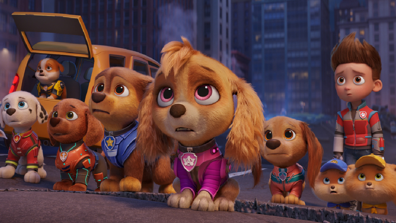 (L to R) Callum Shoniker as “Rocky,” Christian Corrao as “Marshall,” Luxton Handspiker as “Rubble,” Nylan Parthipan as “Zuma,” Christian Convery as “Chase,” McKenna Grace as “Skye,” Marsai Martin as “Liberty,” Alan Kim as “Nano,” Finn Lee-Epp as “Ryder,” North West as “Mini,” and Brice Gonzalez as “Tot" in 'Paw Patrol: The Mighty Movie' from Spin Master Entertainment, Nickelodeon Movies, and Paramount Pictures.