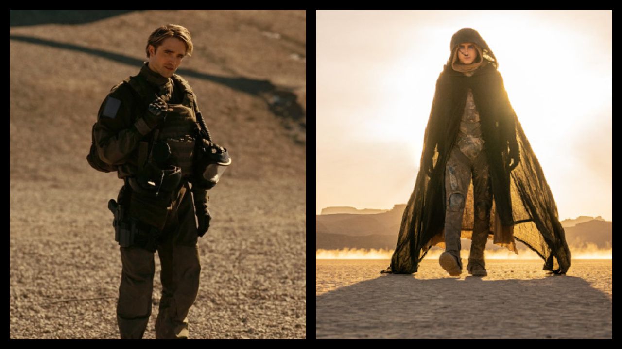 (Left) Robert Pattinson in 'Tenet'. Photo: Warner Bros. (Right) Timothee Chalamet as Paul Atreides in Warner Bros. Pictures and Legendary Pictures’ action adventure 'Dune: Part Two,' a Warner Bros. Pictures release. Photo Credit: Niko Tavernise. Copyright: © 2024 Warner Bros. Entertainment Inc. All Rights Reserved.