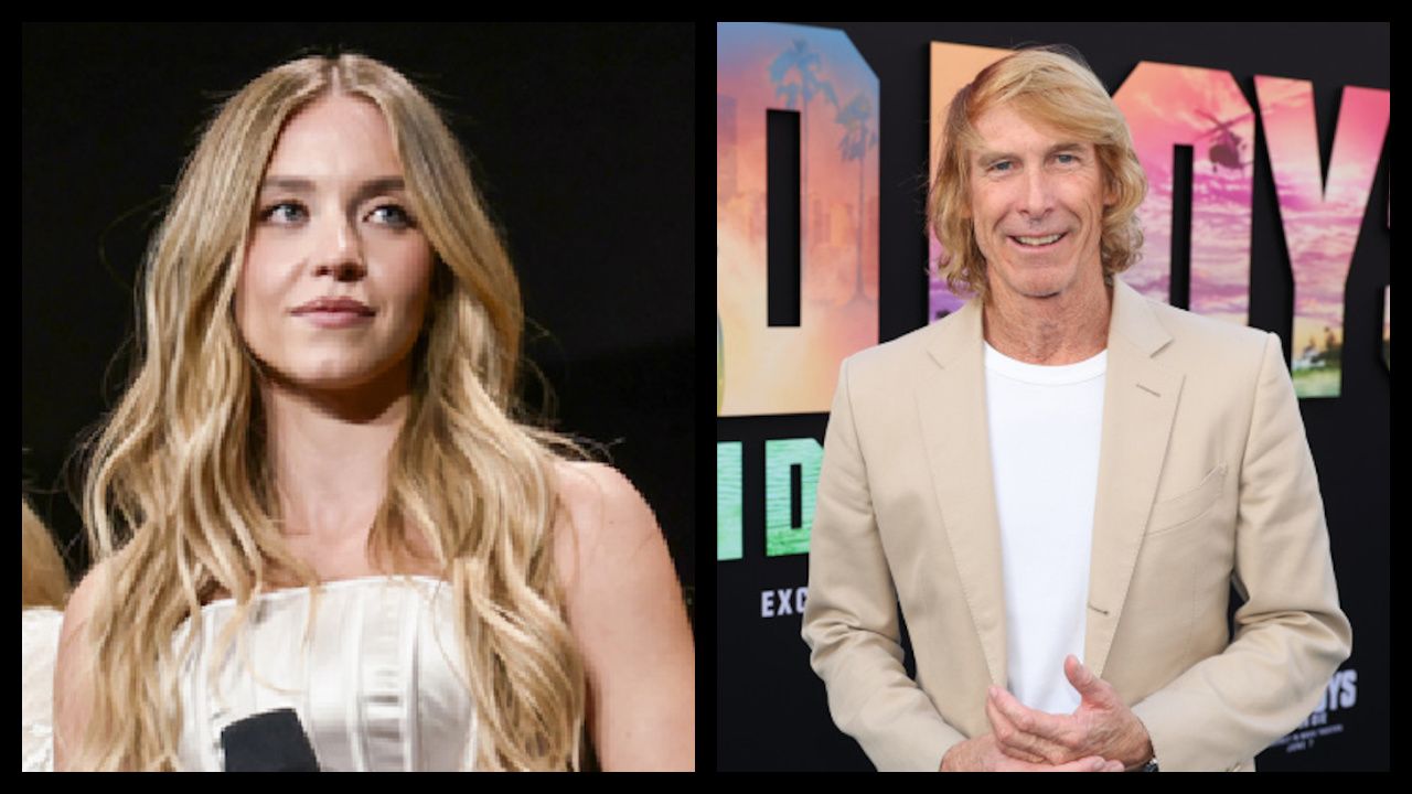 (Left) Sydney Sweeney at the Lionsgate presentation at CinemaCon 2025 in Las Vegas. Photo: Lionsgate. (Right) Michael Bay attends the Los Angeles Premiere of Columbia Pictures' 'Bad Boys: Ride Or Die' at the TCL Chinese Theater on May 30, 2024 in Hollywood, California. Photo by Eric Charbonneau/Getty Images for Sony Pictures.