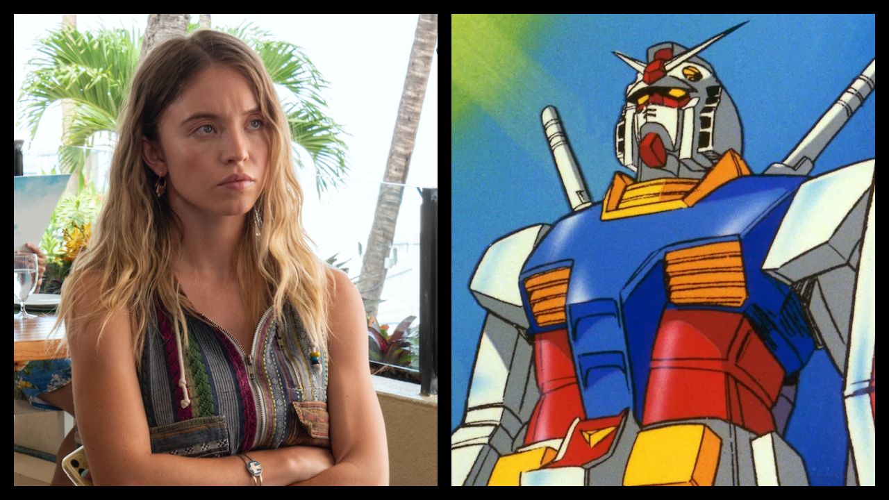 (Left) Sydney Sweeney in 'The White Lotus' season 1. Photo: Mario Perez/HBO. (Right) 1979's 'Mobile Suit Gundam'. Photo: Nippon Sunrise.