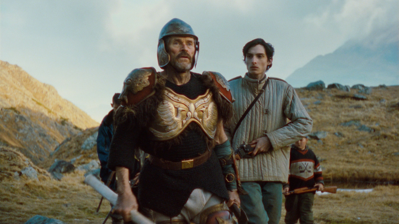 (L to R) Willem Dafoe and Finn Wolfhard in 'The Legend of Ochi'. Photo: A24.