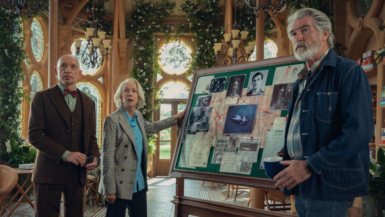 (L to R) Ben Kingsley, Helen Mirren and Pierce Brosnan in 'The Thursday Murder Club', which will launch on 28th August 2025 exclusively on Netflix. Photo: Netflix.