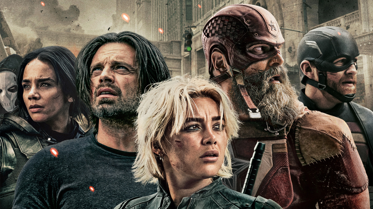(L To R) Hannah John-Kamen, Sebastian Stan, Florence Pugh, David Harbour, and Wyatt Russell in 'Thunderbolts*'. Photo: Marvel Studios.