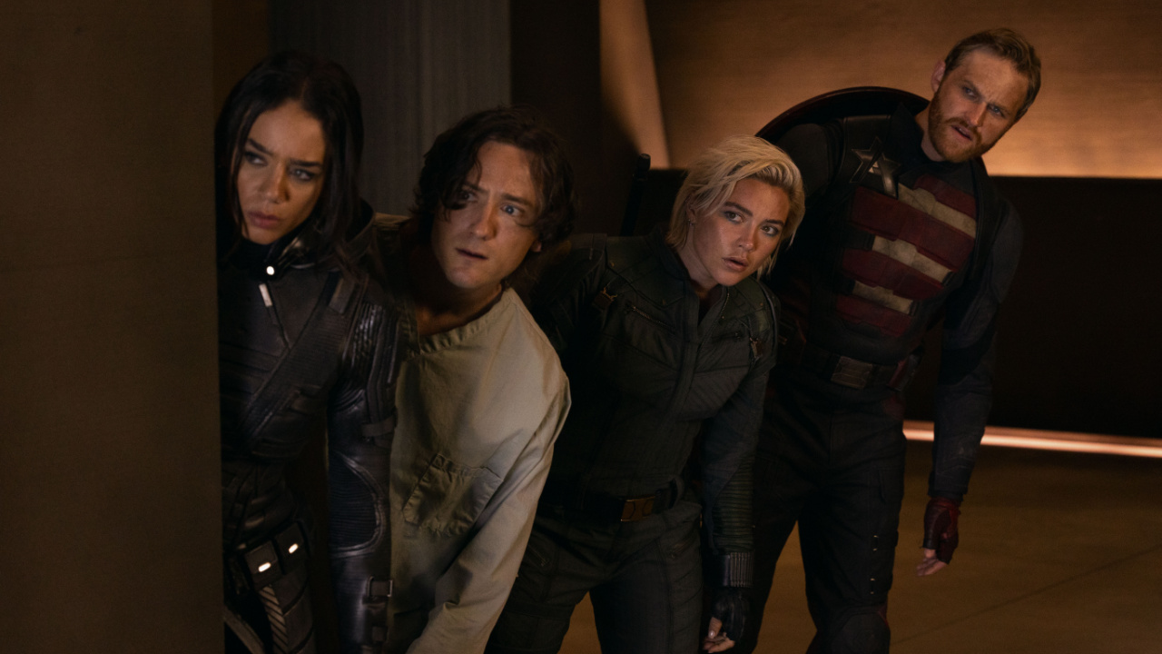 (L to R) Ghost (Hannah John-Kamen), Bob (Lewis Pullman), Yelena Belova (Florence Pugh) and John Walker (Wyatt Russell) in Marvel Studios' 'Thunderbolts*'. Photo by Chuck Zlotnick. © 2025 Marvel. All Rights Reserved.