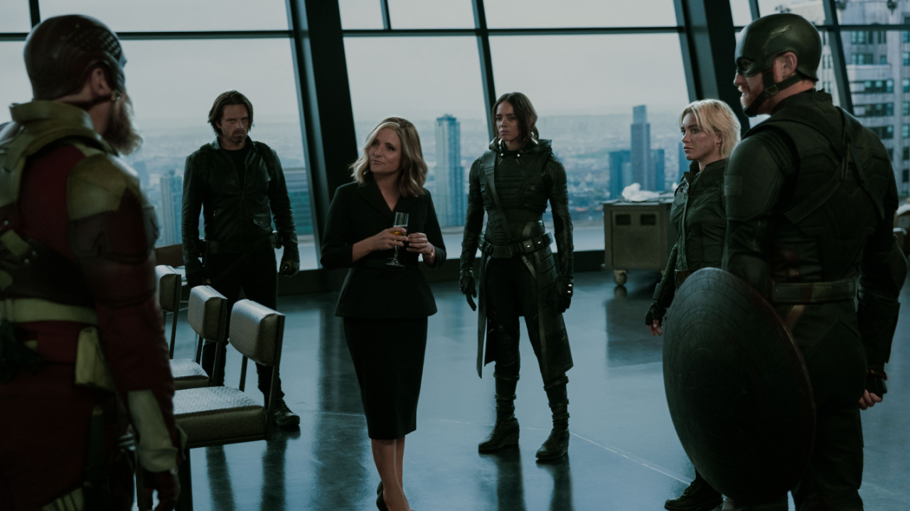 (L to R) Alexei Shostakov / Red Guardian (David Harbour), Bucky Barnes (Sebastian Stan), Valentina Allegra de Fontaine (Julia Louis-Dreyfus), Ghost (Hannah John-Kamen), Yelena Belova (Florence Pugh) and John Walker (Wyatt Russell) in Marvel Studios' 'Thunderbolts*'. Photo by Chuck Zlotnick. © 2024 Marvel.
