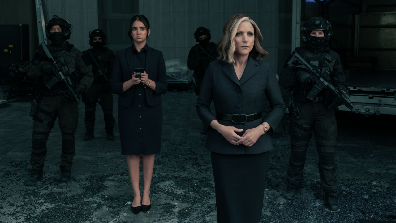 (Front) Valentina Allegra de Fontaine (Julia Louis-Dreyfus) in Marvel Studios' 'Thunderbolts*'. Photo by Steve Swisher. © 2025 Marvel.