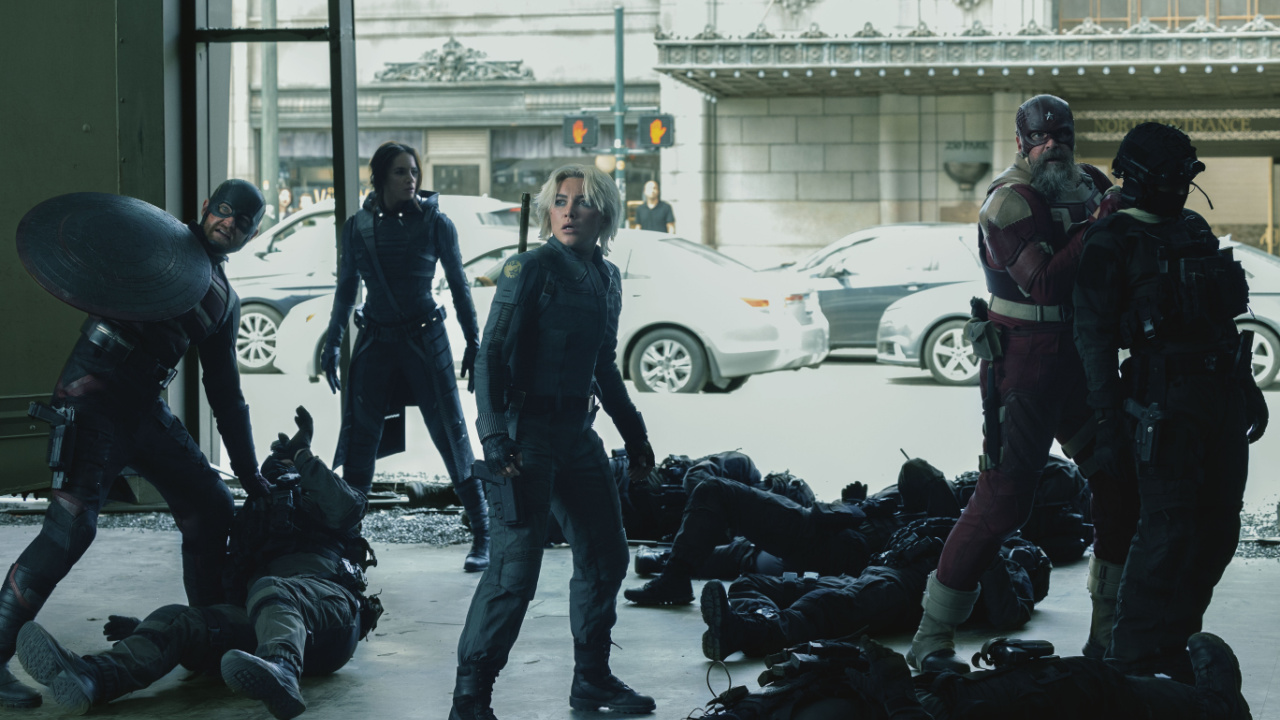 (L to R) John Walker (Wyatt Russell), Ghost (Hannah John-Kamen), Yelena Belova (Florence Pugh) and Alexei Shostakov/Red Guardian (David Harbour) in Marvel Studios' 'Thunderbolts*'. Photo by Chuck Zlotnick. © 2025 Marvel.