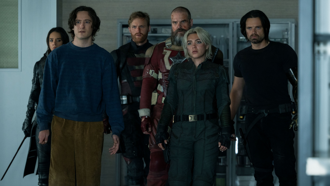 (L to R) Ghost (Hannah John-Kamen), Bob (Lewis Pullman), John Walker (Wyatt Russell), Alexei Shostakov/Red Guardian (David Harbour), Yelena Belova (Florence Pugh) and Bucky Barnes (Sebastian Stan)in Marvel Studios' 'Thunderbolts*'. Photo by Chuck Zlotnick. © 2025 Marvel.