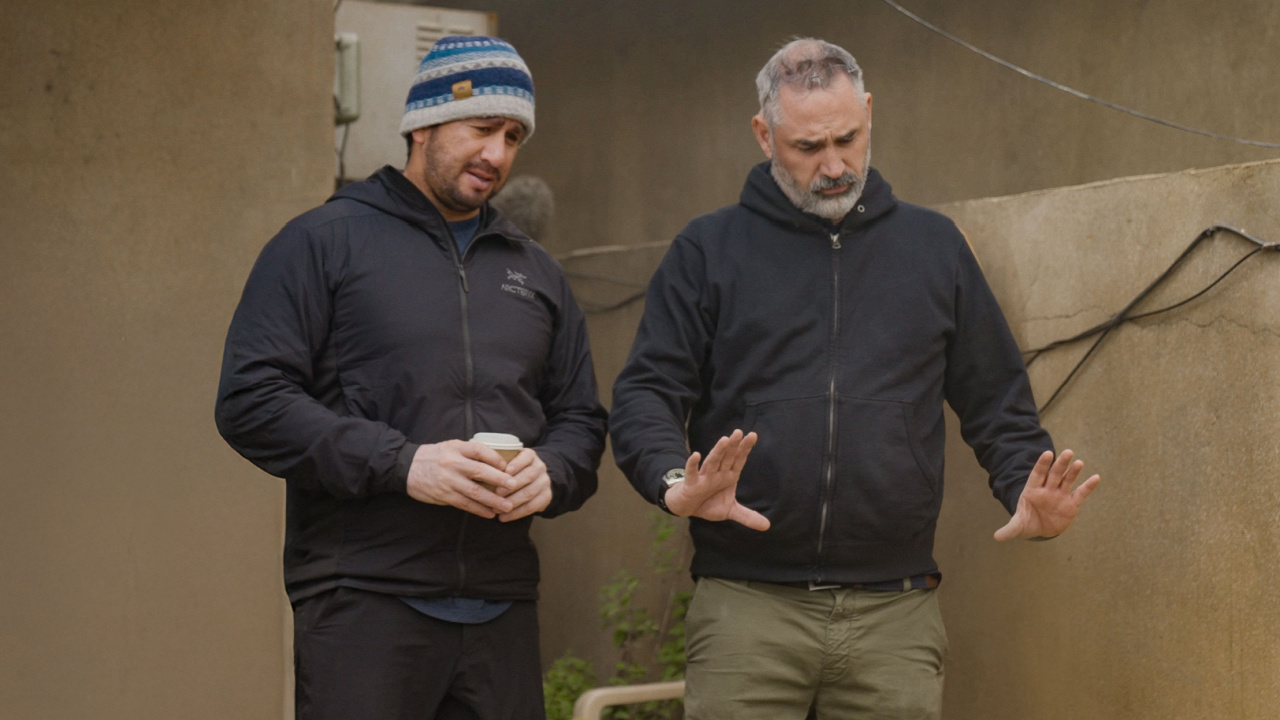 Directors Ray Mendoza and Alex Garland on the set of 'Warfare'. Photo: A24.