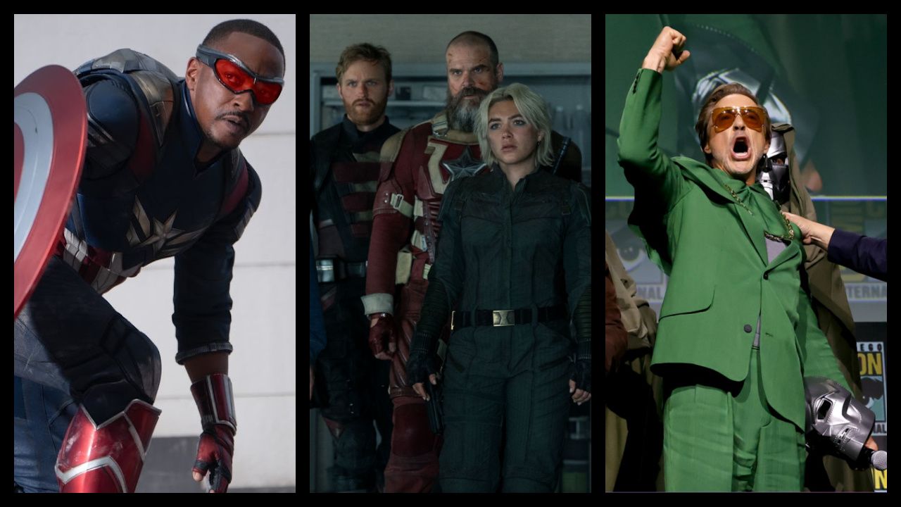 (Left) Captain America/Sam Wilson (Anthony Mackie) in Marvel Studios' 'Captain America: Brave New World'. Photo courtesy of Marvel Studios. © 2024 Marvel. (Center) (L to R) John Walker (Wyatt Russell), Alexei Shostakov/Red Guardian (David Harbour), and Yelena Belova (Florence Pugh) in Marvel Studios' 'Thunderbolts*'. Photo by Chuck Zlotnick. © 2025 Marvel. (Right) Robert Downey Jr. to play Doctor Doom in 'Avengers: Doomsday'. © 2024 20th Century Studios / © and ™ 2024 MARVEL.