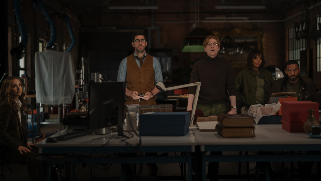 (L to R) Natalie Portman, John Krasinski, Domhnall Gleeson, Carmen Ejogo and Laz Alonso in 'Fountain of Youth,' premiering May 23, 2025 on Apple TV+.