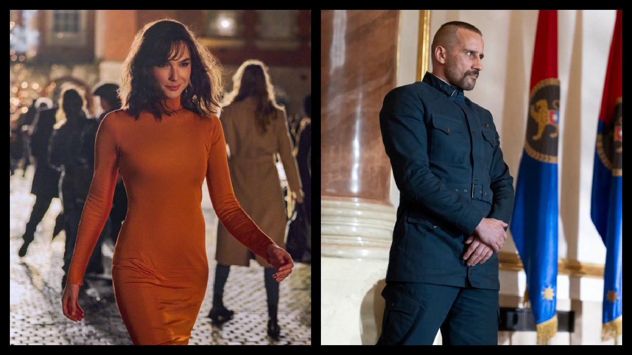 (Left) Gal Gadot as Rachel Stone in 'Heart Of Stone.' Cr. Chris Baker/Netflix © 2023. (Right) Matthias Schoenaerts in 'The Regime.' Photograph by Miya Mizuno/HBO.