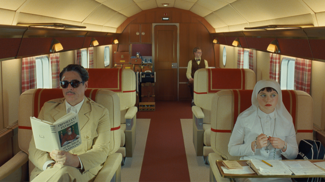 (L to R) Benicio Del Toro as Zsa-Zsa Korda, Michael Cera as Bjorn and Mia Threapleton as Liesl in director Wes Anderson's 'The Phoenician Scheme', a Focus Features release. Credit: Courtesy of TPS Productions/Focus Features © 2025 All Rights Reserved.