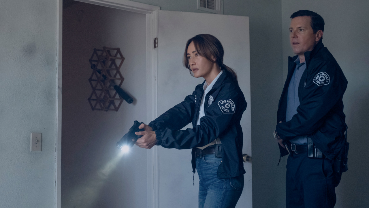 (L to R) Maggie Q (Renée Ballard) and Michael Mosley (Ted Rawls) in 'Ballard'. Photo: Patrick Wymore/Prime Video.