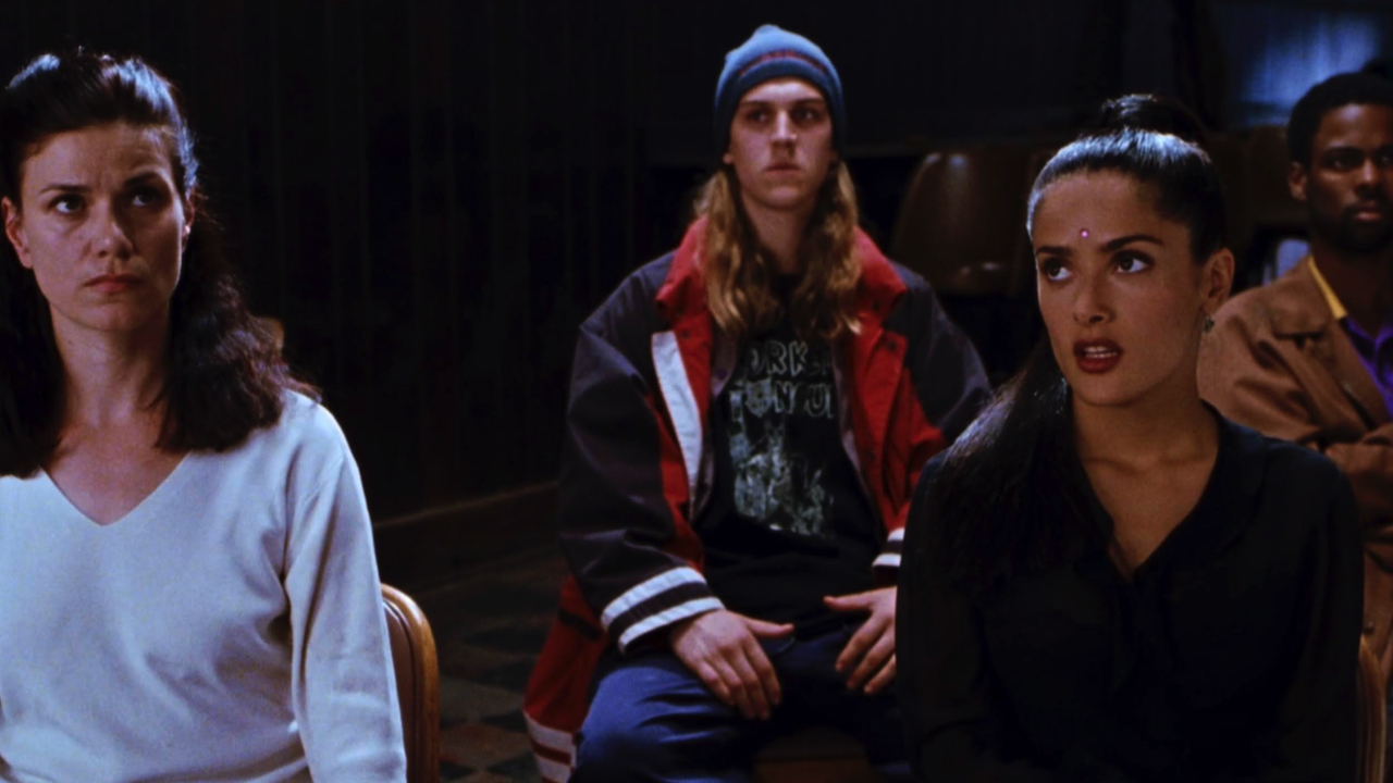 (L to R) Linda Fiorentino, Jason Mewes, Salma Hayek and Chris Rock in 'Dogma.' Photo: Triple Media Film.