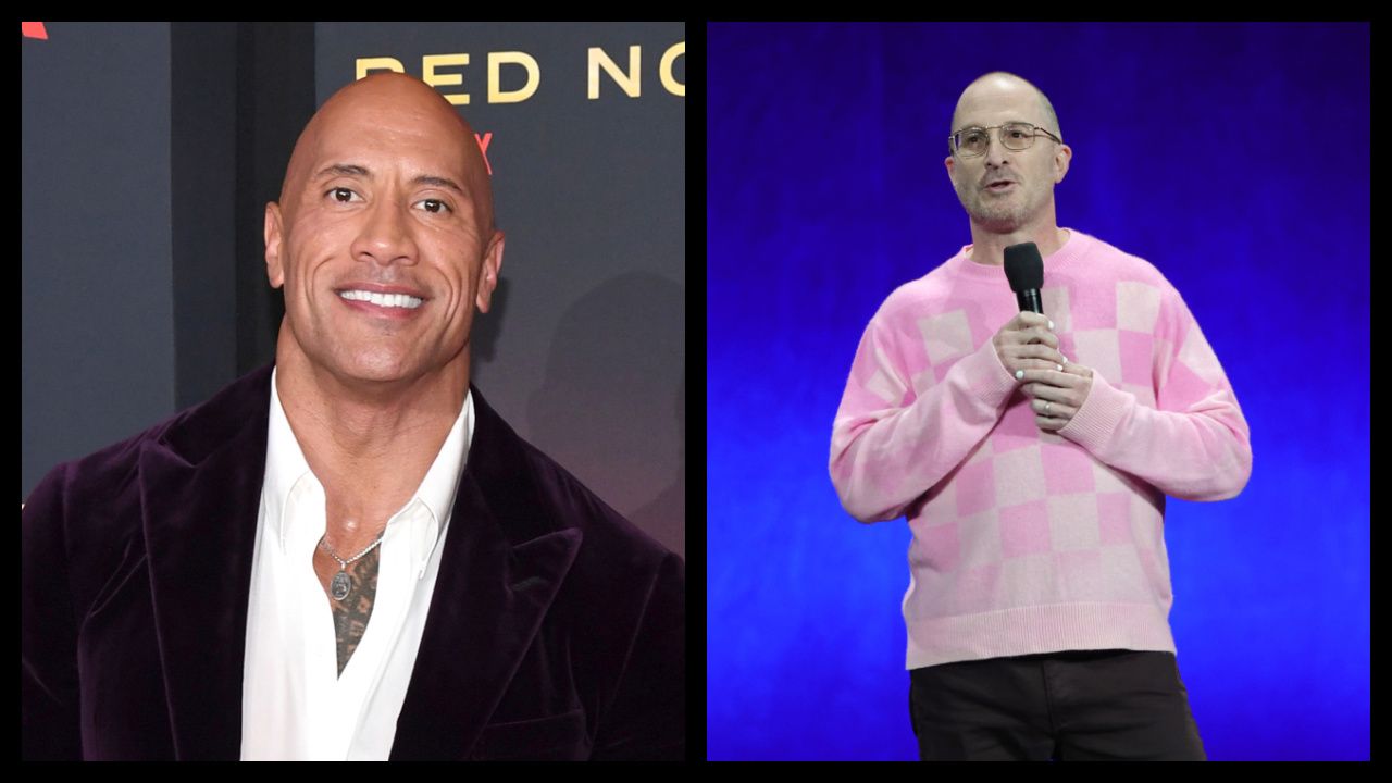 (Left) Dwayne Johnson attends the World Premiere of Netflix's 'Red Notice' at Regal LA Live. Photo: Kevin Mazur. (Right) Darren Aronofsky (director, 'Caught Stealing') at CinemaCon 2025 for Sony Pictures at The Colosseum at Caesars Palace on March 31, 2025 in Las Vegas, Nevada. Photo by Stewart Cook/Sony Pictures via Getty Images.