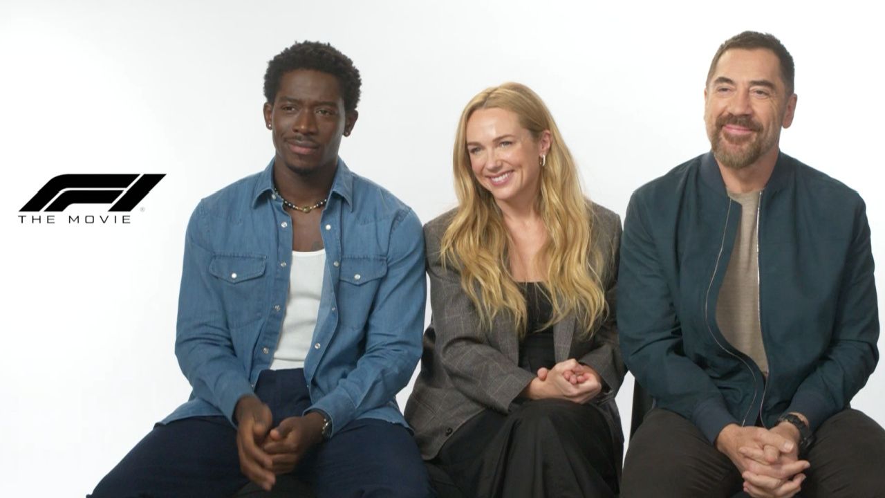(L to R) Damson Idris, Kerry Condon and Javier Bardem star in 'F1 The Movie'.