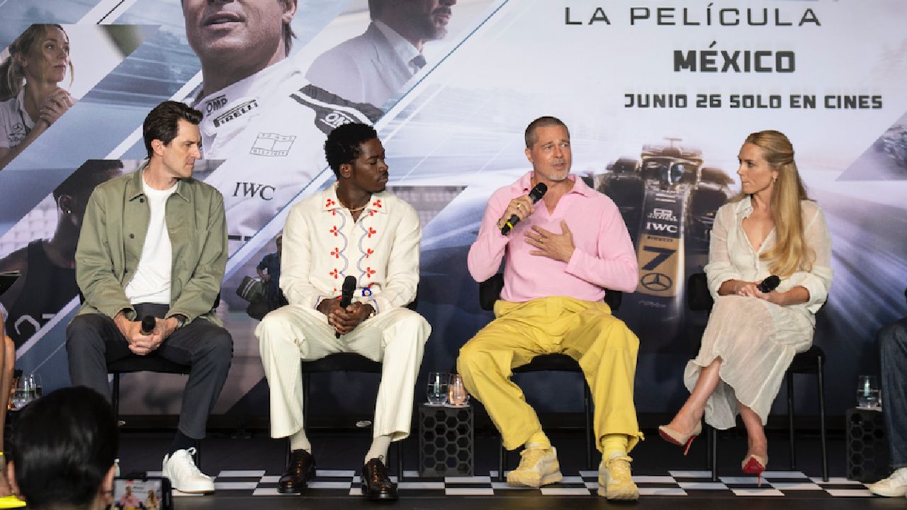 (L to R) Director-Producer Joseph Kosinski, Damson Idris, Brad Pitt, and Kerry Condon attend a Press Conference in Mexico City on June 10th, 2025 for Warner Bros. Pictures / Apple Original Films 'F1'. Photo Credit: Chino Lemus. Copyright: Chino Lemus 2022.