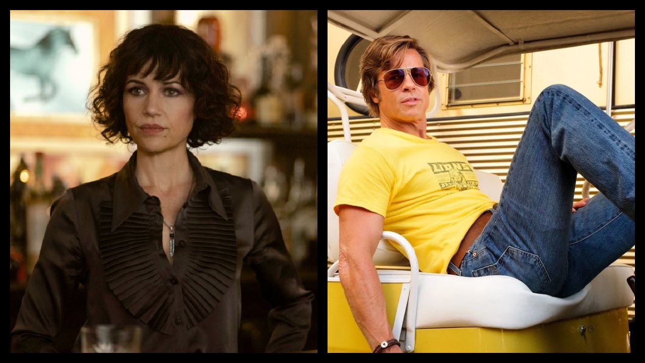 (Left) Carla Gugino as Verna in 'The Fall of the House of Usher.' Photo: Eike Schroter/Netflix © 2023. (Right) Brad Pitt in 'Once Upon a Time in Hollywood.' Photo: Sony Pictures Releasing.