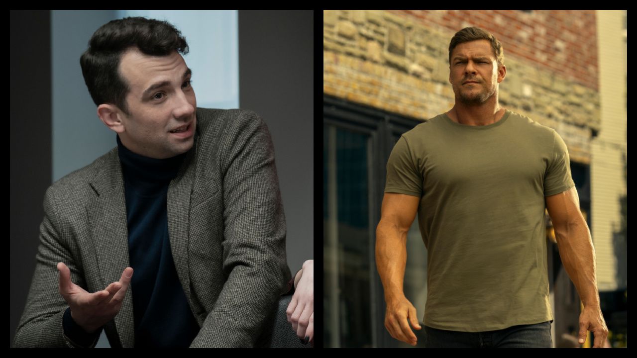 (Left) Jay Baruchel in Caitlin Cronenberg's 'Humane.' Courtesy of Steve Wilkie. An IFC Films & Shudder Release. (Left) Alan Ritchson (Jack Reacher) in 'Reacher' Season 3. Credit: Jasper Savage/Prime. Copyright: © Amazon Content Services LLC.