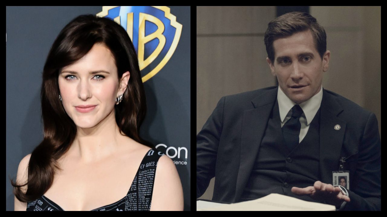 (Left) Rachel Brosnahan at CinemaCon 2025. Photo: Warner Bros. (Right) Jake Gyllenhaal in 'Presumed Innocent,' premiering June 12, 2024 on Apple TV+.