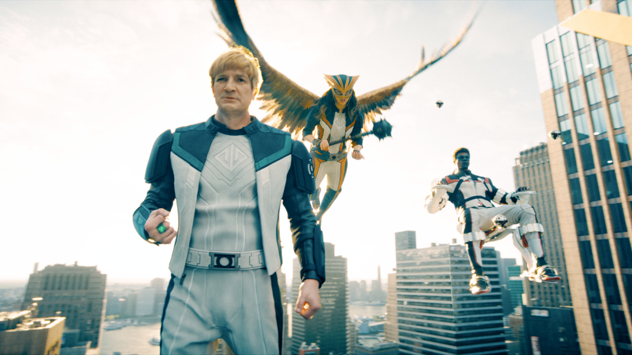 (L to R) Nathan Fillion as Guy Gardner, Isabela Merced as Hawkgirl and Edi Gathegi as Mr. Terrific in DC Studios’ and Warner Bros. Pictures’ 'Superman', a Warner Bros. Pictures release. Photo Credit: Courtesy of Warner Bros. Pictures. Copyright: © 2025 Warner Bros. Ent. All Rights Reserved. TM & © DC.