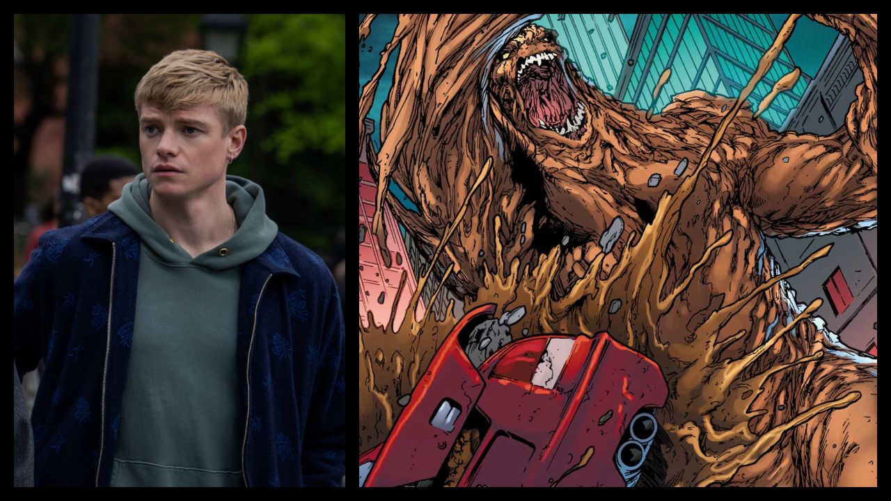 (Left) Elizabeth Henstridge and Tom Rhys Harries in 'Suspicion', now streaming on Apple TV+. (Right) DC Comics' Clayface. Photo: DC Comics.