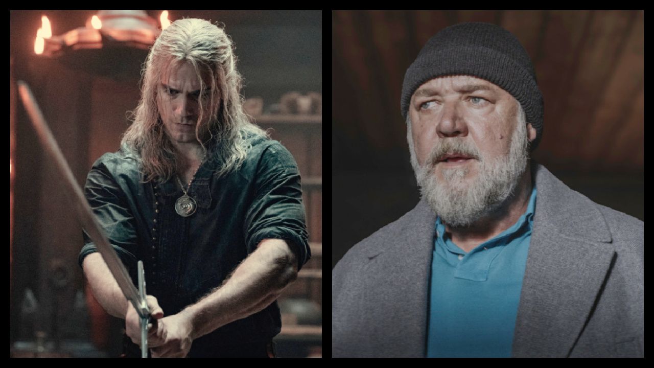 (Left) Henry Cavill as Geralt of Rivia in Netflix's 'The Witcher.' Photo: Jay Maidment. (Right) Russell Crowe as “Roy Freeman” in the Action/Crime/Thriller film 'Sleeping Dogs,' a The Avenue release. Photo courtesy of The Avenue.