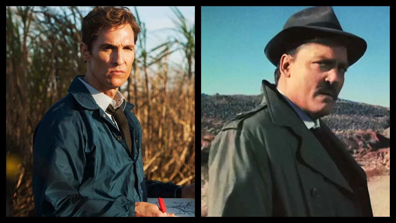 (Left) Matthew McConaughey in season 1 of 'True Detective'. Photo: HBO. (Right) Stacy Keach as Mike Hammer in 'Mike Hammer, Private Eye'. Photo: The Kushner-Locke Company.