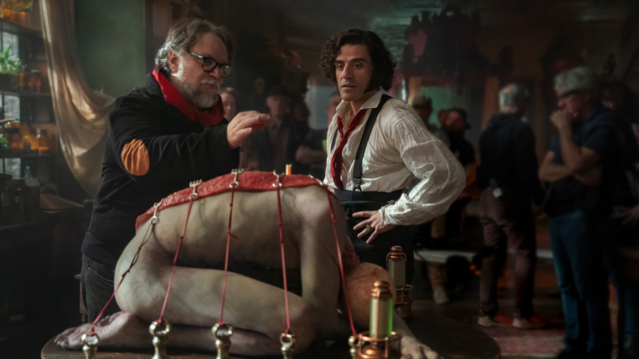 (L to R) Director Guillermo del Toro and Oscar Issac as Victor Frankenstein on the set of ‘Frankenstein’. Photo: Ken Woroner/Netflix © 2025.