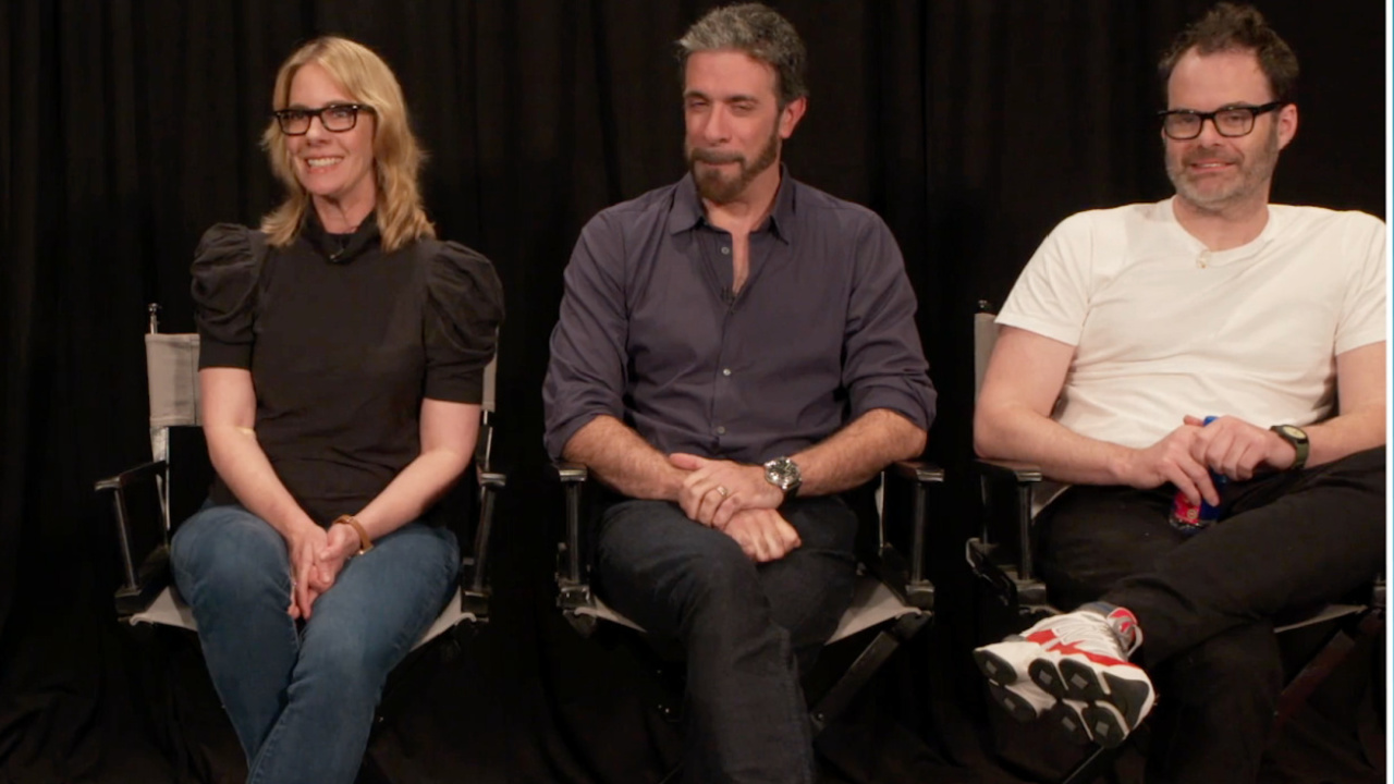 (L to R) Erica Rivinoja, Alessandro Carloni, and Bill Hader attend a press conference event for 'The Cat in the Hat' trailer launch. Photo: Warner Bros.