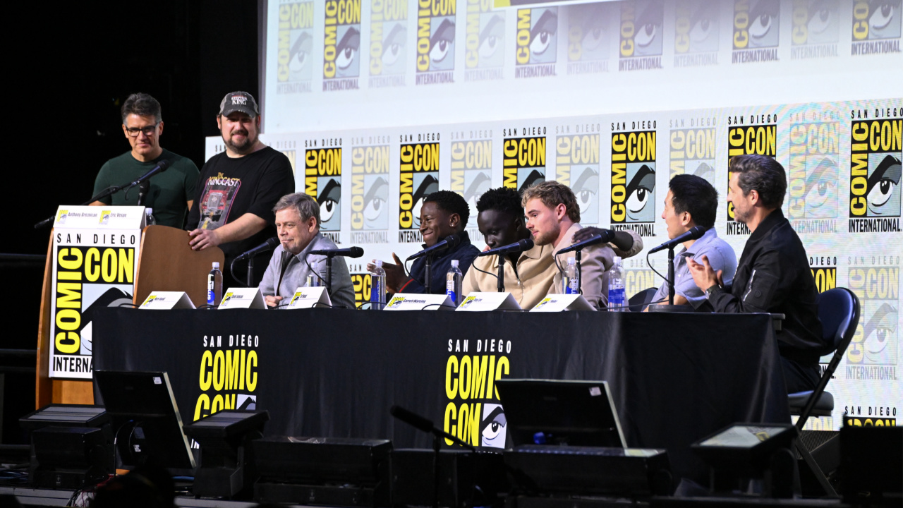 (L to R) Anthony Breznican, Eric Vespe, Mark Hamill, David Jonsson, Tut Nyuot, Garrett Wareing, Roy Lee and J.T. Mollner speak during 'The Long Walk' panel at San Diego Comic-Con International 2025 at San Diego Convention Center on July 25, 2025 in San Diego, California. Photo by Vivien Killilea/Getty Images for Lionsgate.