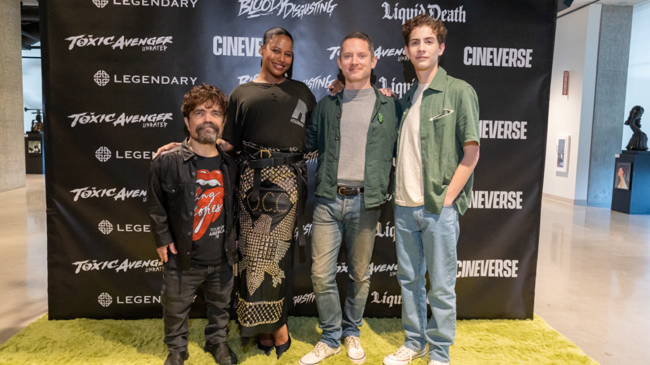 (L to R) Peter Dinklage, Taylour Paige, Elijah Wood and Jacob Tremblay at the San Diego Comic-Con premiere of 'The Toxic Avengers'. Photo: Cineverse.