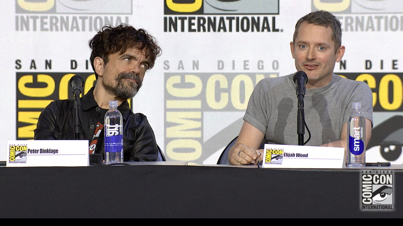 (L to R) Peter Dinklage and Elijah Wood appear in Hall H at 2025 San Diego Comic-Con for 'The Toxic Avenger'. Photo: Cineverse.