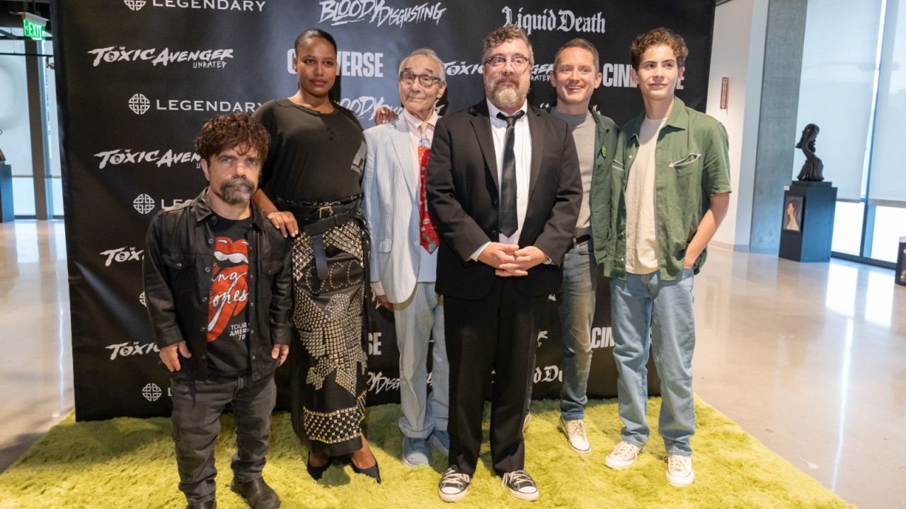 (L to R) Peter Dinklage, Taylour Paige, Lloyd Kaufman, Macon Blair, Elijah Wood and Jacob Tremblay at the San Diego Comic-Con premiere of 'The Toxic Avengers'. Photo: Cineverse.