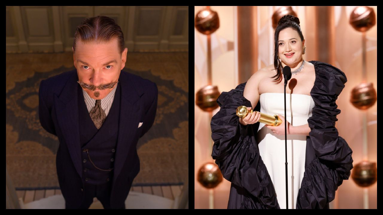 (Left) Kenneth Branagh as Hercule Poirot in 20th Century Studios’ 'Death on the Nile,' a mystery-thriller directed by Kenneth Branagh based on Agatha Christie’s 1937 novel. Photo by Rob Youngson. © 2020 Twentieth Century Fox Film Corporation. All Rights Reserved. (Right) Lily Gladstone at the 81st Annual Golden Globe Awards, airing live from the Beverly Hilton in Beverly Hills, California on Sunday, January 7, 2024, at 8 PM ET/5 PM PT, on CBS and streaming on Paramount+. Photo: Sonja Flemming/CBS ©2024 CBS Broadcasting, Inc. All Rights Reserved.