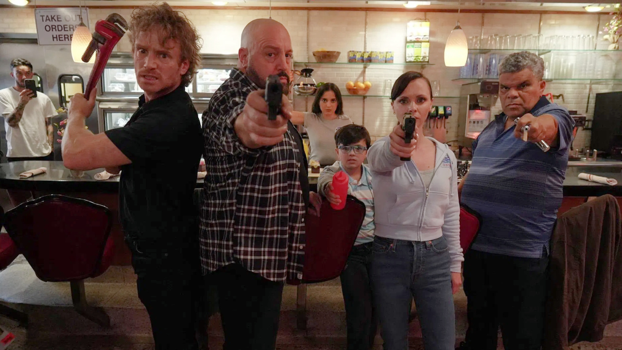 (L to R) Kevin James, Christina Ricci and Luis Guzmán in 'Guns Up'. Photo: Vertical.