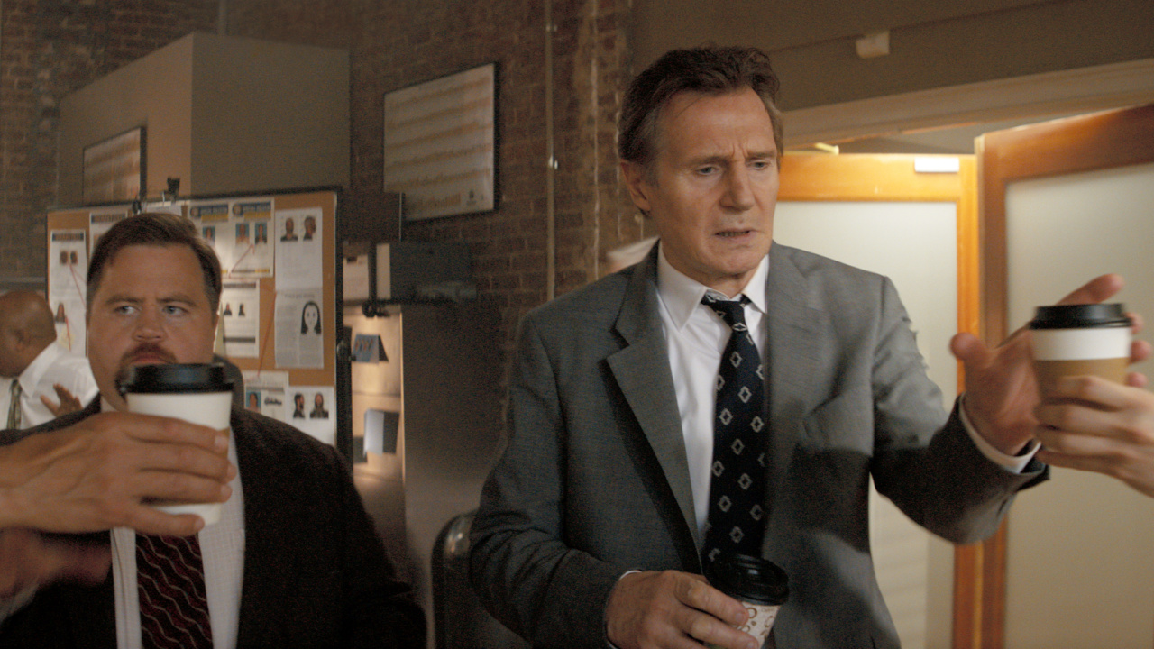 (L to R) Paul Walter Hauser plays Ed Hocken Jr. and Liam Neeson plays Frank Drebin Jr. in 'The Naked Gun' from Paramount Pictures.