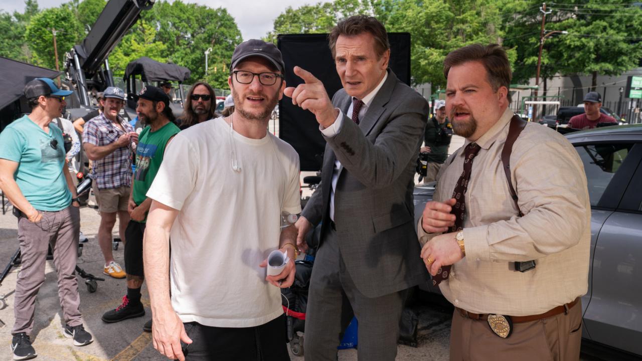 (L to R) Director Akiva Schaffer, Liam Neeson and Paul Walter Hauser on the set of 'The Naked Gun' from Paramount Pictures.