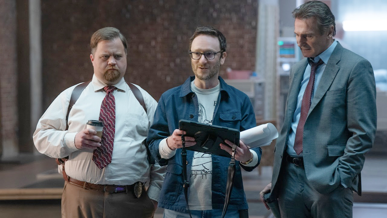 (L to R) Paul Walter Hauser, Director Akiva Schaffer and Liam Neeson on the set of 'The Naked Gun' from Paramount Pictures.