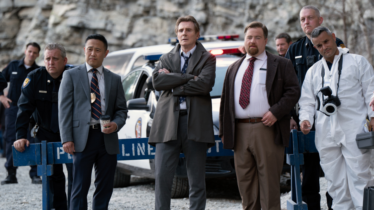 (L to R) Eddie Yu plays Detective Park, Liam Neeson plays Frank Drebin Jr. and Paul Walter Hauser plays Ed Hocken Jr. in 'The Naked Gun' from Paramount Pictures.
