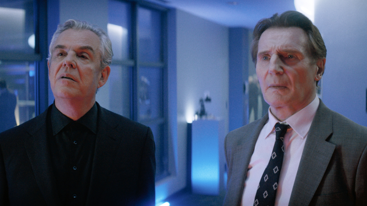 (L to R) Danny Huston plays Ricahrd Cane and Liam Neeson plays Frank Drebin Jr. in 'The Naked Gun' from Paramount Pictures.