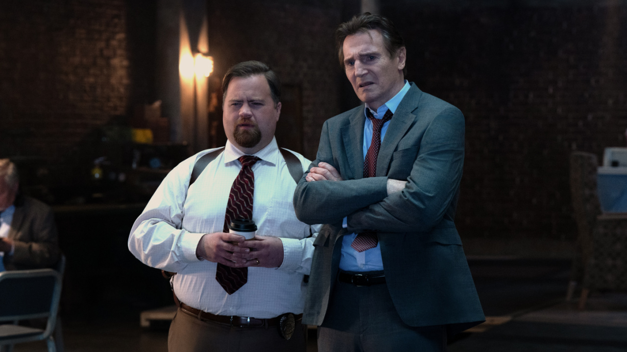 (L to R) Paul Walter Hauser plays Ed Hocken Jr. and Liam Neeson plays Frank Drebin Jr. in 'The Naked Gun' from Paramount Pictures.