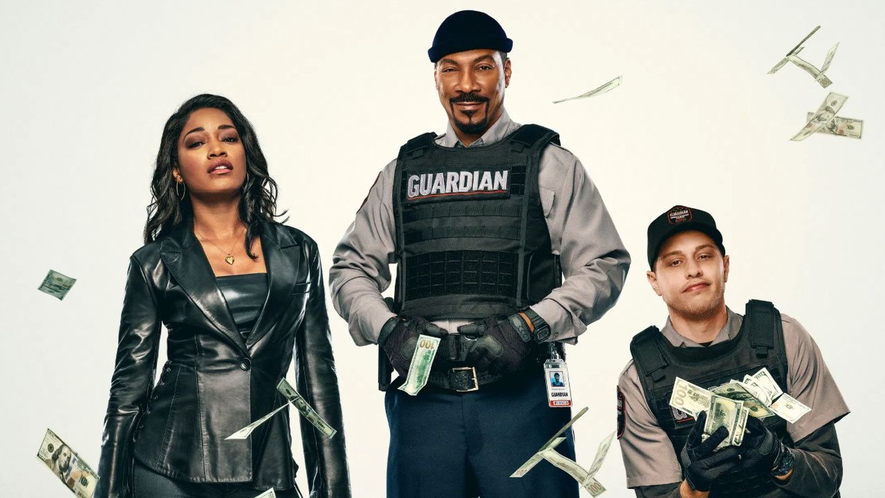 (L to R) Keke Palmer, Eddie Murphy, and Pete Davidson in 'The Pickup'. Photo: Prime Video.